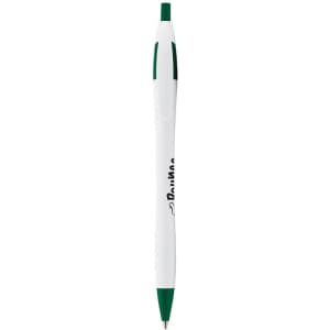A green and white curved pen with a branding logo on the barrel.