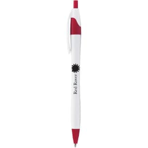 A curved pen featuring a white body with red accents and a logo printed on it.