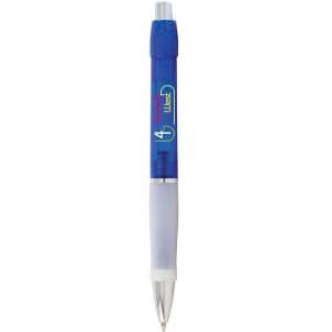 A blue pen with a transparent barrel, featuring a white grip and a branding logo on the side.