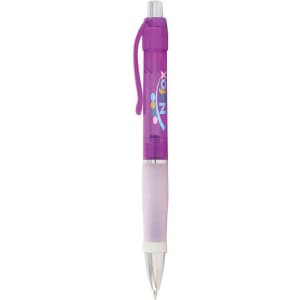 A purple pen with a transparent barrel and a white grip, featuring a logo on the side.