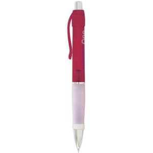 A red pen with a transparent grip and a clip, featuring a logo on its body.