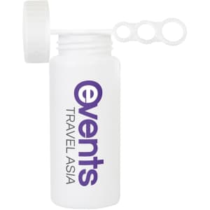 A white bottle with a retractable cap and wand for making bubbles, featuring a logo on the front.