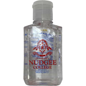 A clear 60ml hand sanitiser gel bottle containing 75% ethyl alcohol, with a logo on the front.