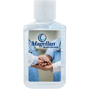 A clear, 60ml hand sanitiser gel bottle containing 75% ethyl-alcohol, featuring a logo and a graphic design.