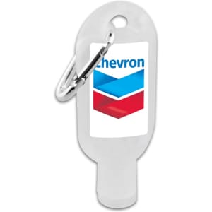 A 30mL clear hand sanitiser bottle with a silver carabiner and logo on the front.