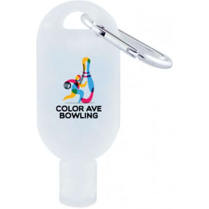 A frosted 30mL hand sanitiser bottle with a carabiner, featuring a logo and vibrant colours.