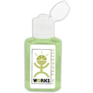 A small, clear bottle of green hand sanitiser gel containing 75% ethyl-alcohol and featuring a logo.