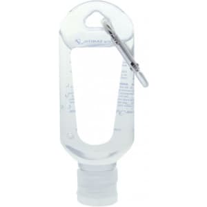 A clear 60mL hand sanitiser bottle with a carabiner attached, featuring a textured grip and a small opening at the bottom.