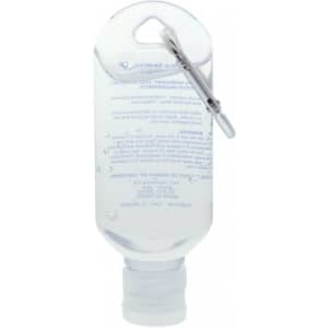A clear 60mL hand sanitiser bottle with a carabiner. It has a screw-top lid and a simple design.