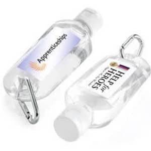 A clear 60mL hand sanitiser bottle with a carabiner, featuring a logo on each side.