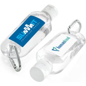 A clear 60mL hand sanitiser with carabiner, featuring two different logos on the front.