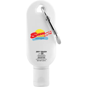 A white sunscreen bottle with a carabiner, containing 50mL of SPF 50 dry touch formula. It has a logo on the front.