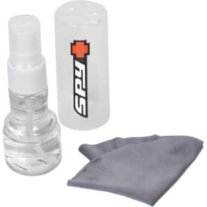An eye glass cleaner spray bottle with a grey cleaning cloth and a white capped container, featuring a logo.