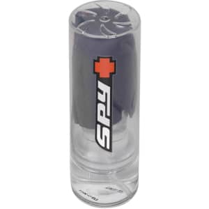 A cleaning set with a grey cloth in a clear cylindrical container, featuring a logo.