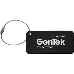 A black luggage tag with a silver attachment, featuring a logo on one side.