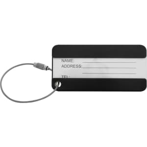 A black luggage tag with a clear section for personal information and a metal attachment cable.
