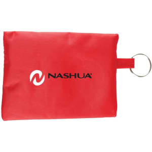 A red travel kit featuring a keyring attachment and a logo, containing 22 first aid items.