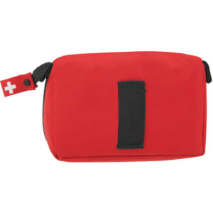 A red first aid travel kit featuring a zip closure and a strap. It has a small logo tag.