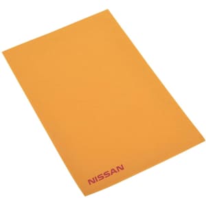 A large chamois towel in a vibrant orange colour, featuring a logo in the bottom corner.