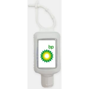 A 60ml hand sanitiser gel in a white silicone soft travel sleeve, featuring a logo on the front.