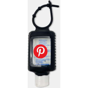 A 60ml hand sanitiser gel in a black silicone soft travel sleeve, featuring a loop for attachment.