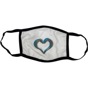 A cotton face mask featuring a black border and a heart design in shades of grey and blue.