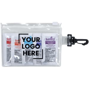 A clear pouch containing several individual packets of various ointments and creams, featuring a clip and a logo.