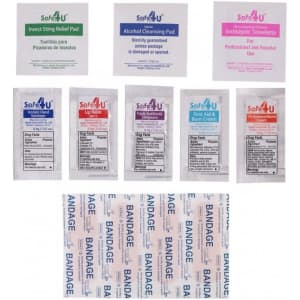 A first aid kit containing insect sting relief pads, alcohol cleansing pads, antiseptic towelettes, and various bandages.