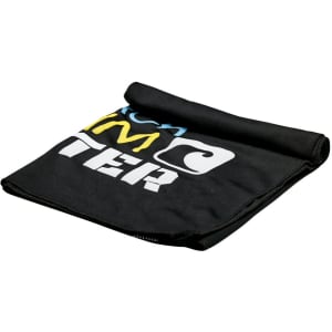 A black cooling towel featuring a folded design with various coloured text and a logo.