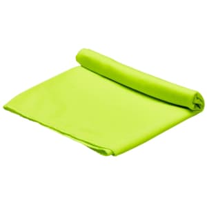 A bright green cooling towel, neatly rolled at one end, designed for leisure and outdoor activities.