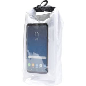 A clear 2.5L dry bag with a black clip, featuring a smartphone visible inside.