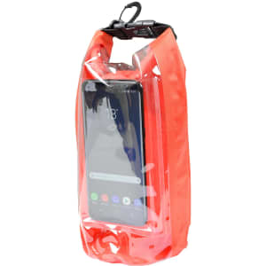 A 2.5L dry bag in bright orange with a transparent window for displaying a smartphone. It features a hook for easy attachment.