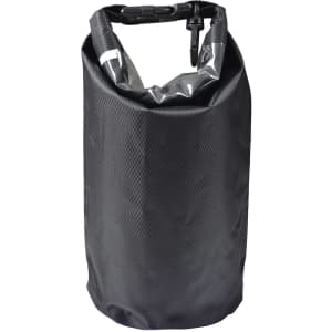 A black 2.5L dry bag with a roll-top closure and a handle, featuring a logo.