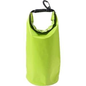 A bright green 2.5L dry bag with a roll-top closure and a clip for secure attachment. It features a branding logo.