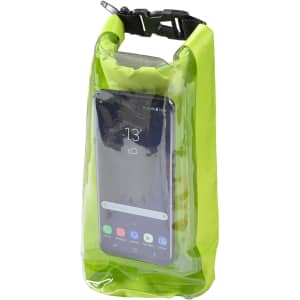 A bright green 2.5L dry bag with a transparent panel featuring a smartphone inside and a black strap for closure.