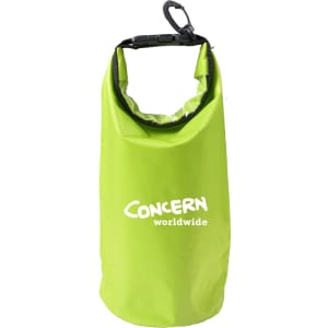 A bright green 2.5L dry bag with a clip and a logo, designed to keep contents dry.