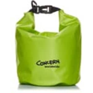 A bright green 5L dry bag with a buckle closure and a logo displayed on the side.