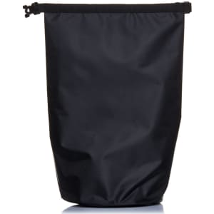 A black 10L dry bag with a roll-top closure and a textured finish, featuring a logo.