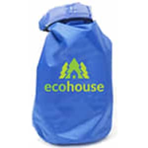 A blue dry bag with a fold-top closure and a logo featuring trees and a house.