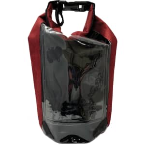 A 2.5L dry bag in burgundy with a clear front pocket and a black bottom. It features a strap for easy handling.