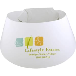 A white sun visor with a rounded shape featuring a logo and multicoloured designs.