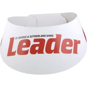 A white sun visor with red text, featuring a logo or branding.