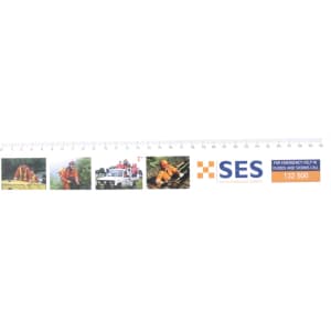 A ruler featuring images of emergency service personnel and a vehicle, predominantly white with vibrant colours and a logo.