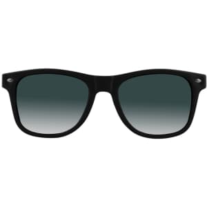 Black sunglasses with gradient grey lenses, featuring a logo on the side.