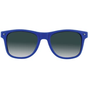 Blue sunglasses with gradient lenses and a simple design, featuring a logo on the side.