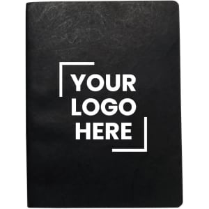 A black notebook with a flat cover featuring a placeholder for a logo. The design includes a sleek, minimalistic style.