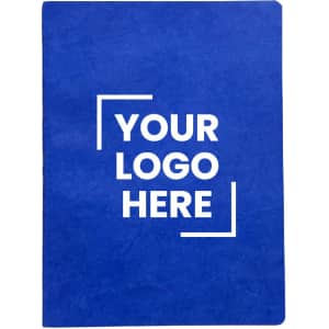 A blue notebook with blank pages and an area for a logo.