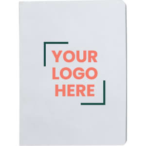 A grey survival notebook with blank pages and a logo placeholder in pink and green.