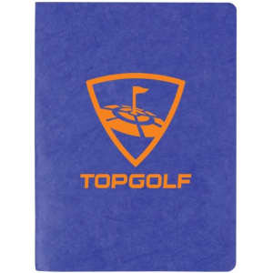 A blue notebook with a textured cover featuring an orange logo and branding. It has blank pages inside.