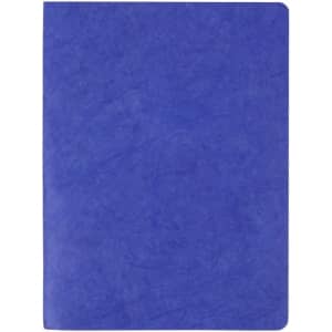 A purple notebook with a textured cover and blank pages, featuring a logo on the front.